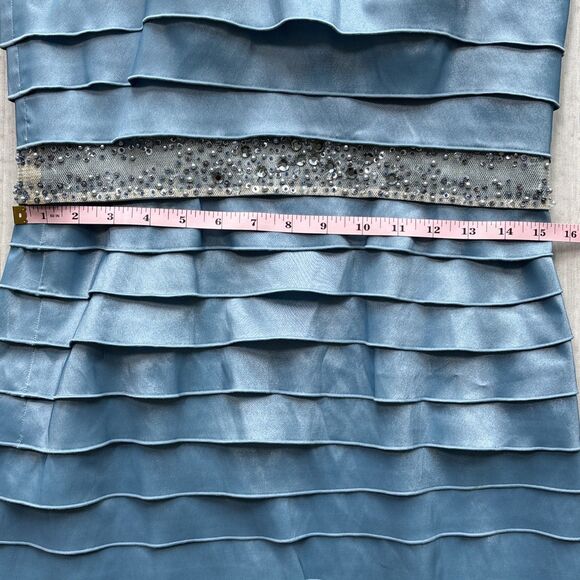 Adrianna Papell Blue Tiered Satin Dress & Jacket Set Beaded Waist Size 10 - Picture 13 of 17